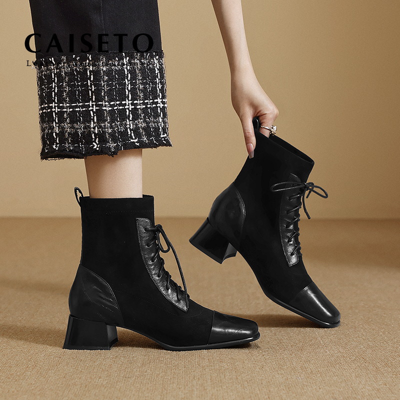 头层羊皮/4.5cm时尚百搭秀气舒适矮跟女靴5X058