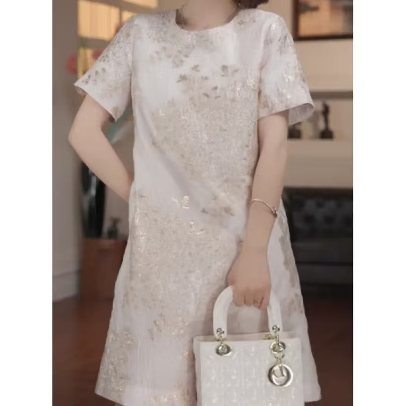 990-春季新款国风复古重工金线提花刺绣连衣裙女优雅a字裙