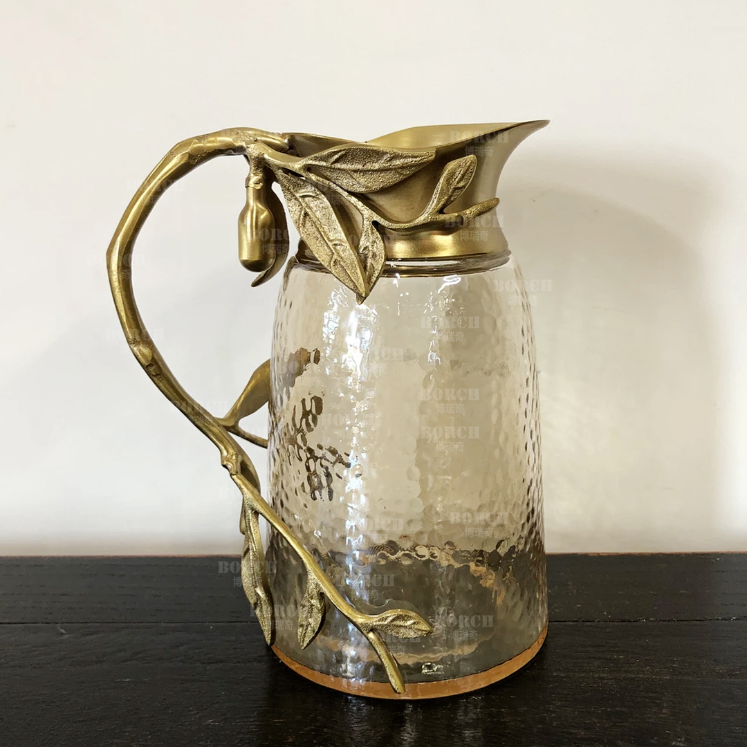 博瑞奇复古黄铜玻璃冷水壶创意轻奢饮料壶铜壶桌面装饰摆件09353