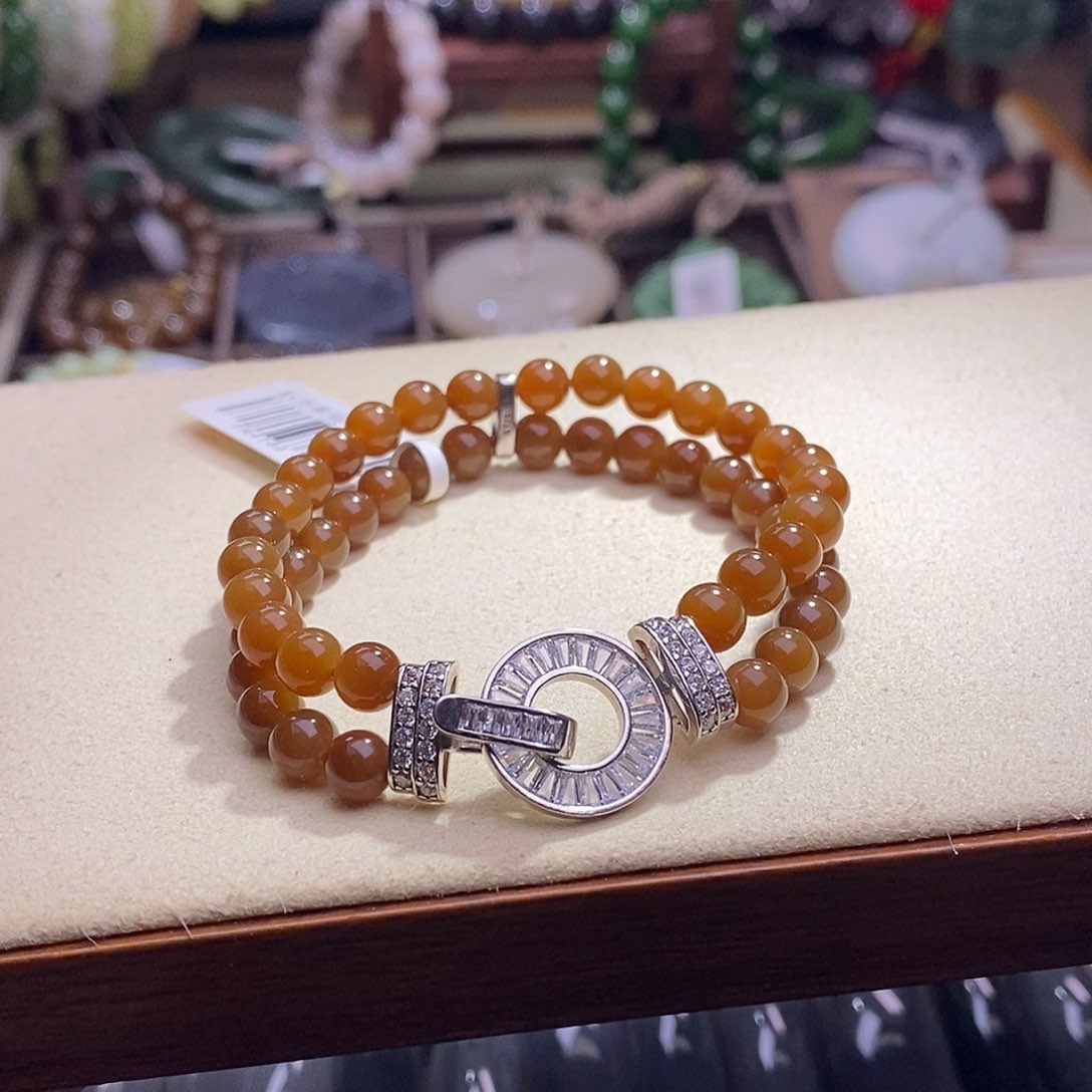 和田玉未镶嵌颈饰且末糖银镶手链6MM