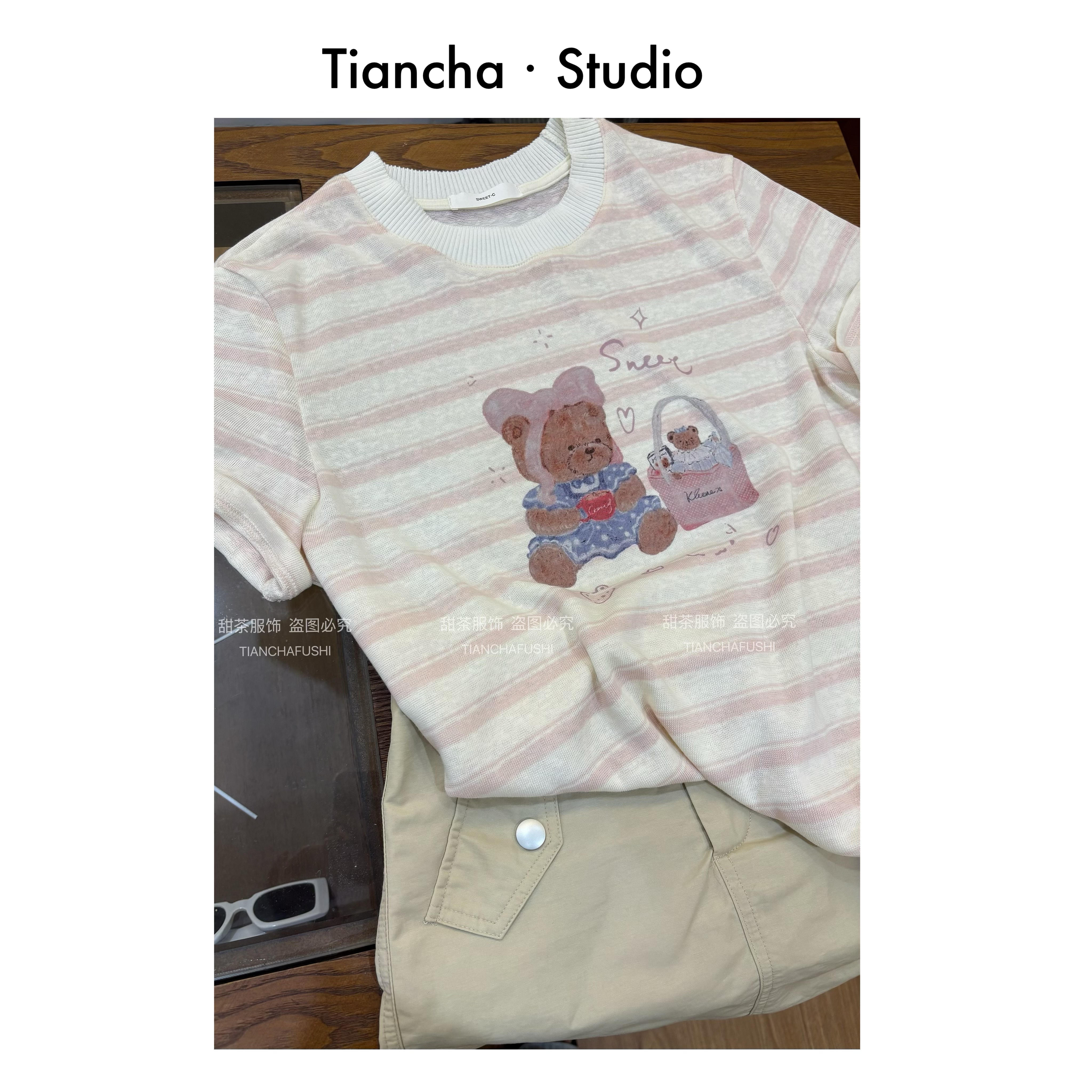 sweet c【甜心小熊】M364#2025夏季短袖正肩韩版ins短袖T恤女百搭