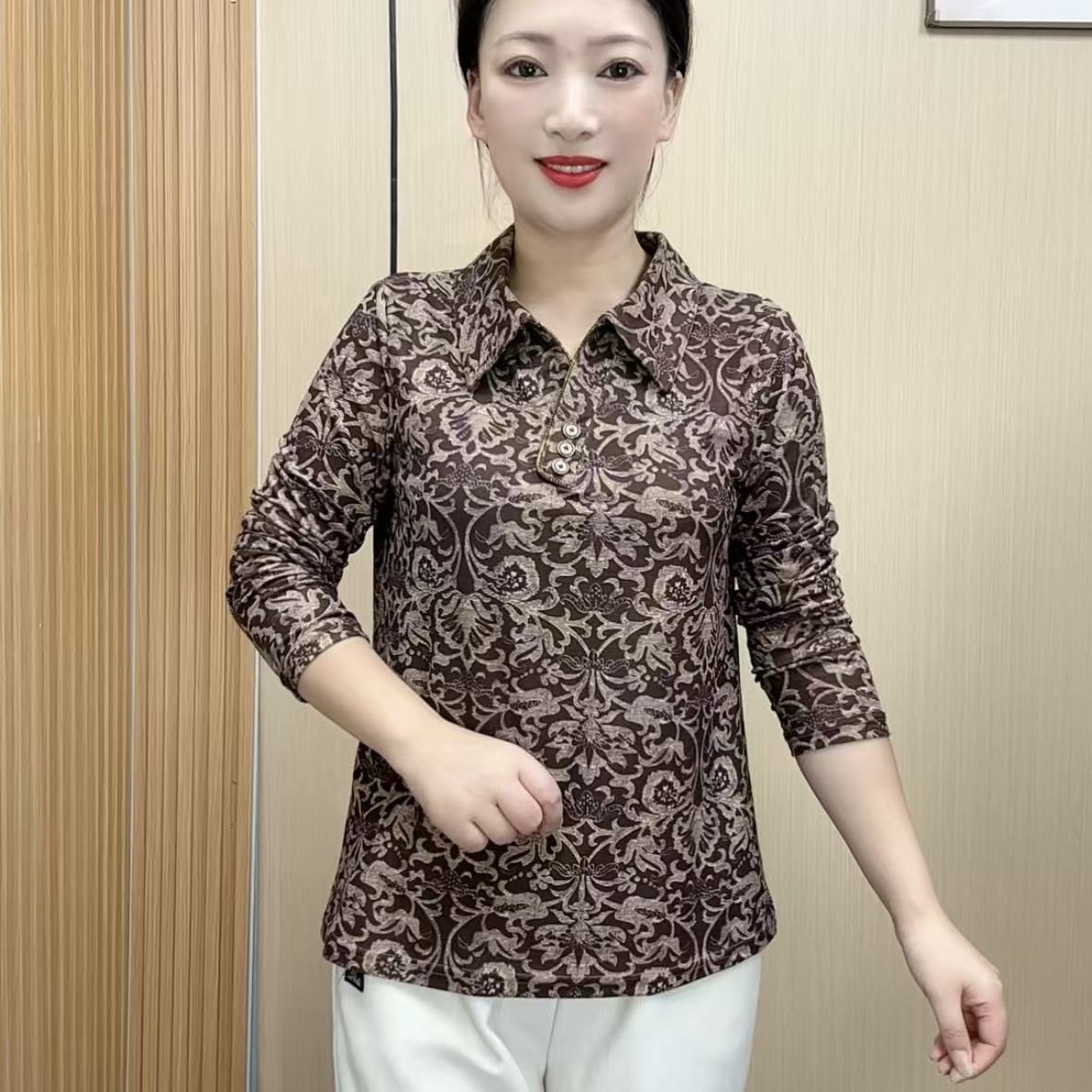 秋季新款女士长袖洋气V领弹力大码显瘦妈妈装上衣
