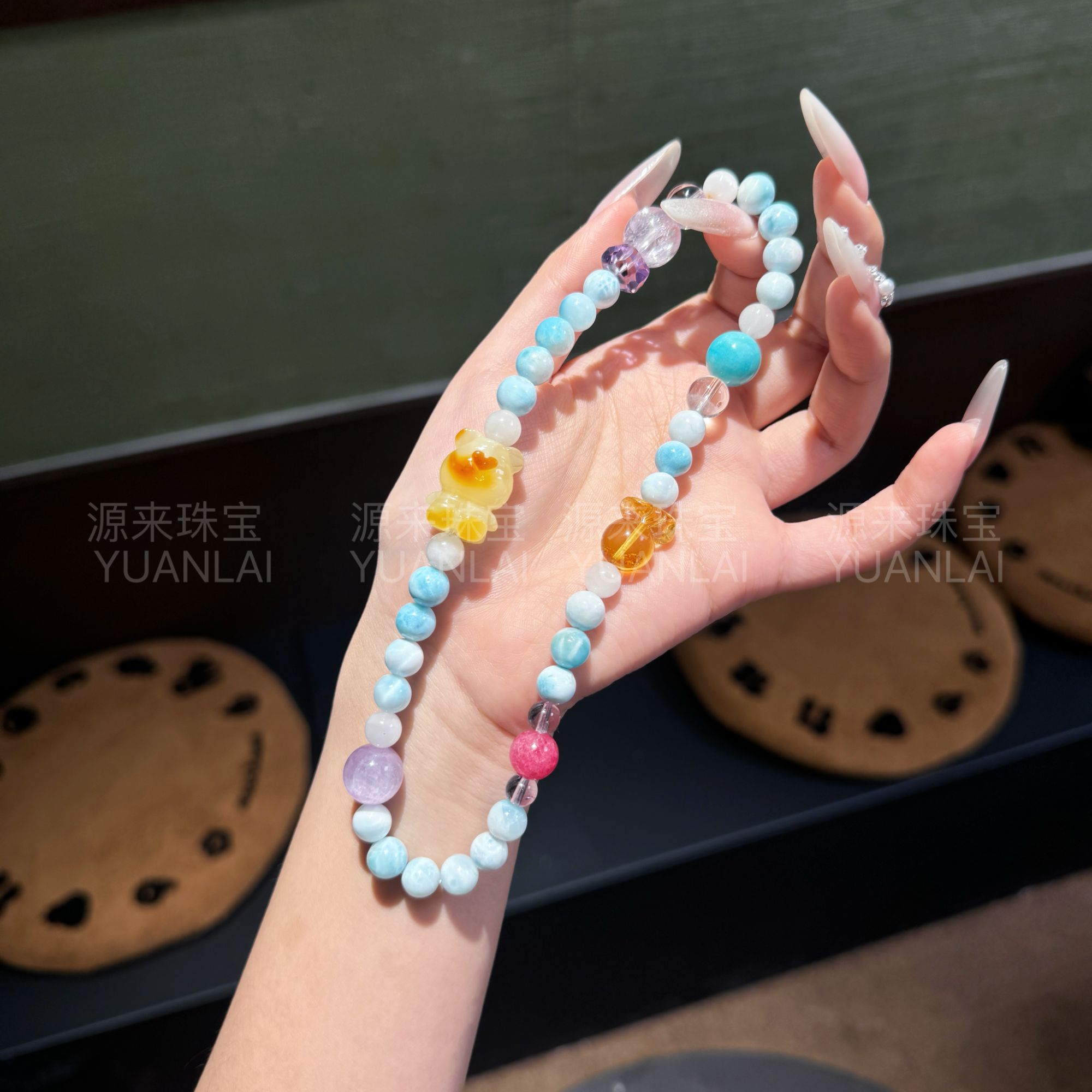 YYZ514*海盐小熊*天然海纹石蜜蜡蔷薇辉紫水双圈手串  N1-3