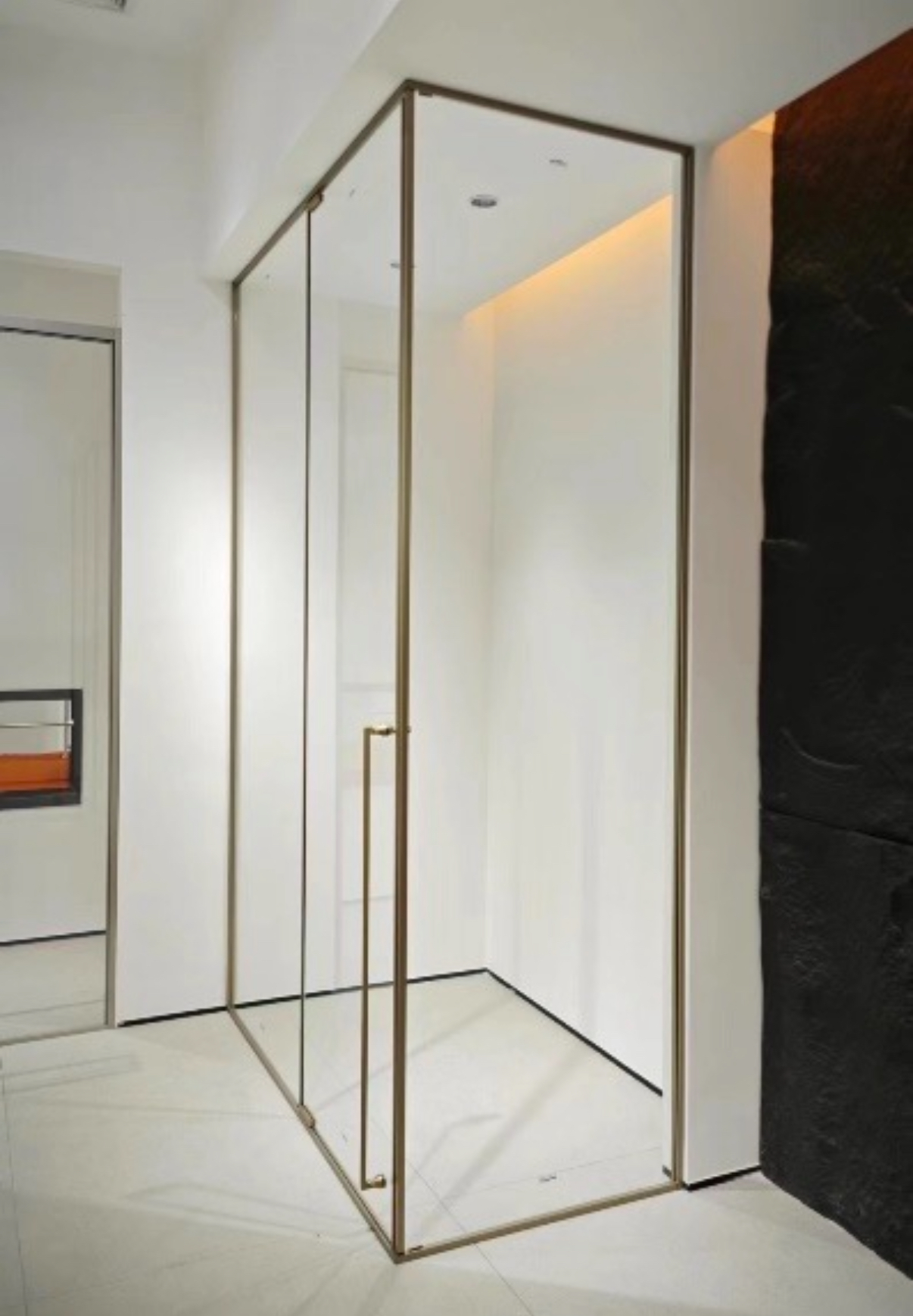 下沉式L型淋浴房卫生间极窄无下轨方形对开干湿分离隔断