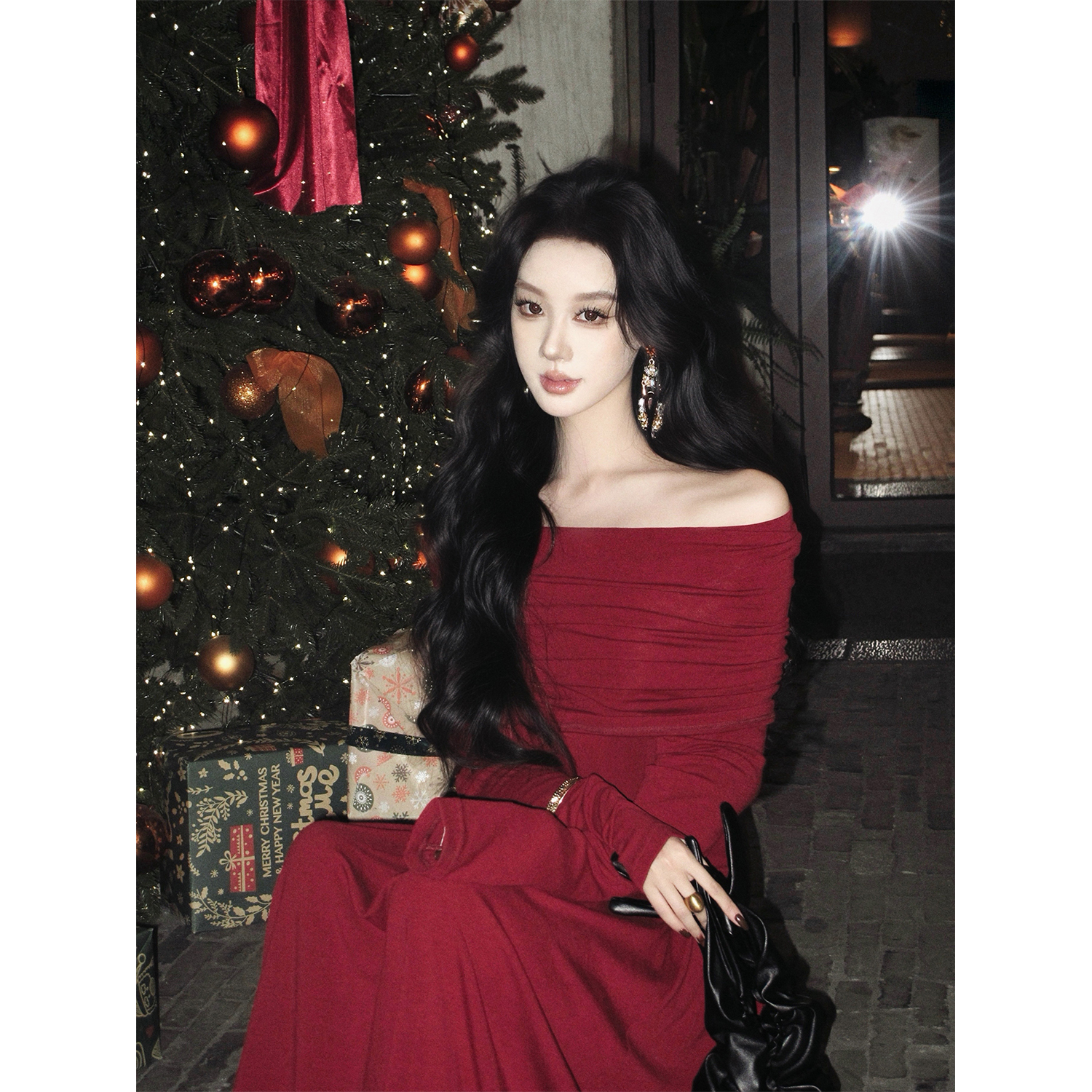 有洧Youwei【马上添福】气质两件套长袖显瘦法式酒红色露肩25SS0999