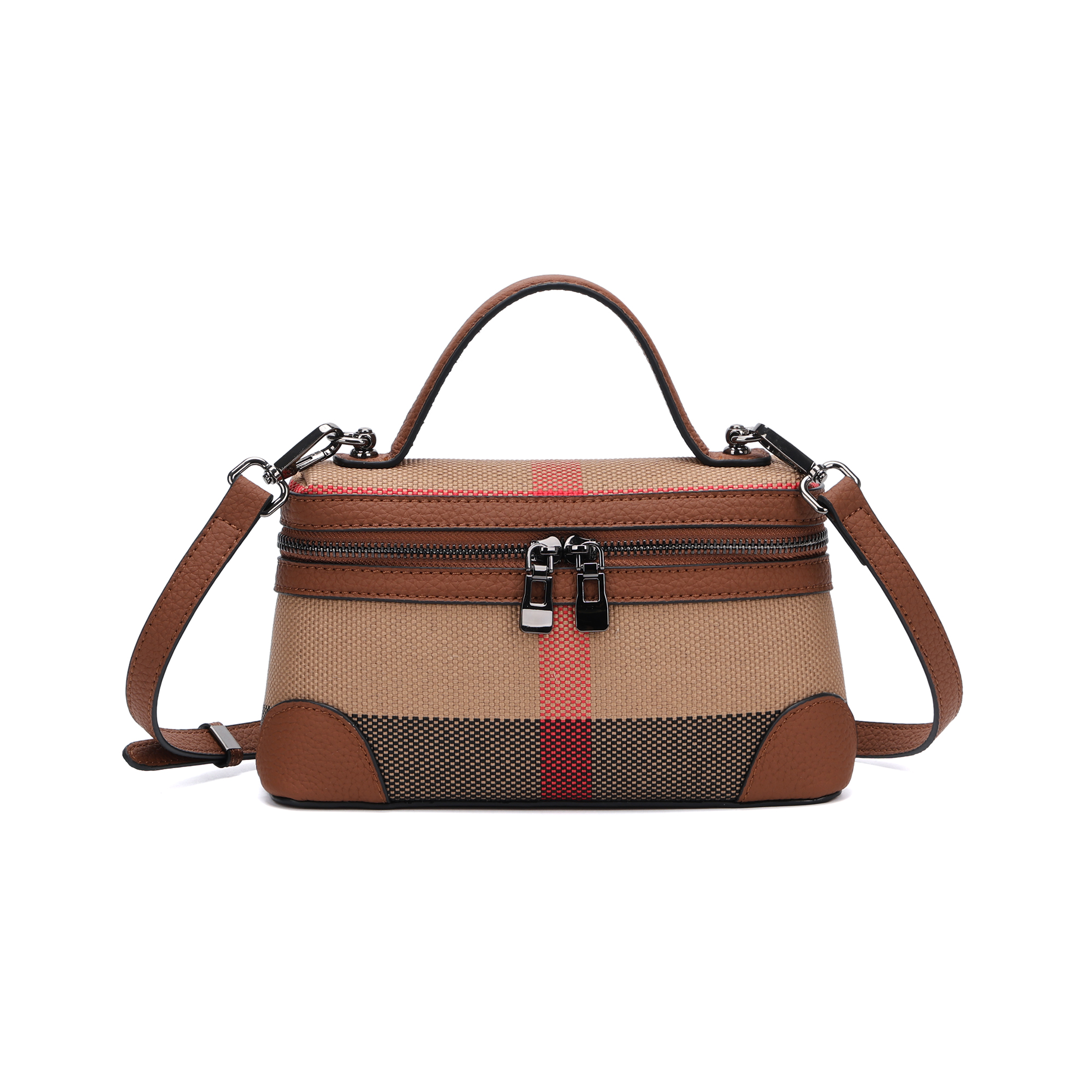 [饭盒包]秋冬新款格子布拼牛皮时尚女包2025新款真皮女包1025