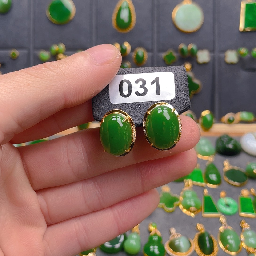 和田玉（碧玉）18K金镶嵌耳饰031