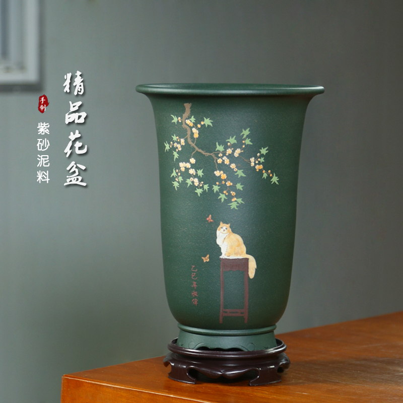 宜兴精品紫砂兰花盆全手工泥绘民国绿泥古典桌面中式春兰寒兰花盆