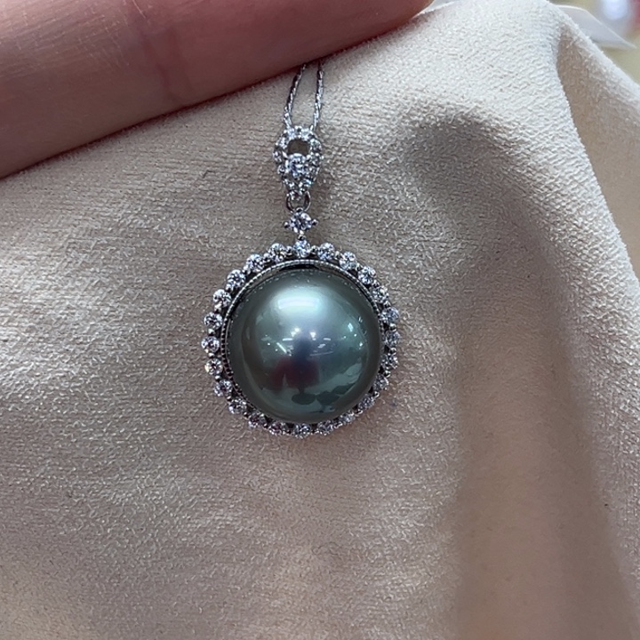 海水珍珠颈饰银S925镶嵌大溪地 13-14mm 49号