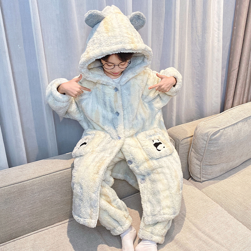 YUZHAOLIN/俞兆林男童秋冬季洋气可爱风长袖珊瑚绒连帽睡袍两件套