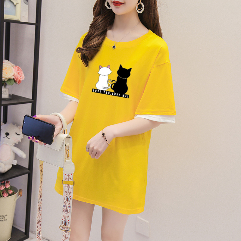 2023一件中长款春夏时尚短袖假两件宽松T恤女上衣学生体恤潮