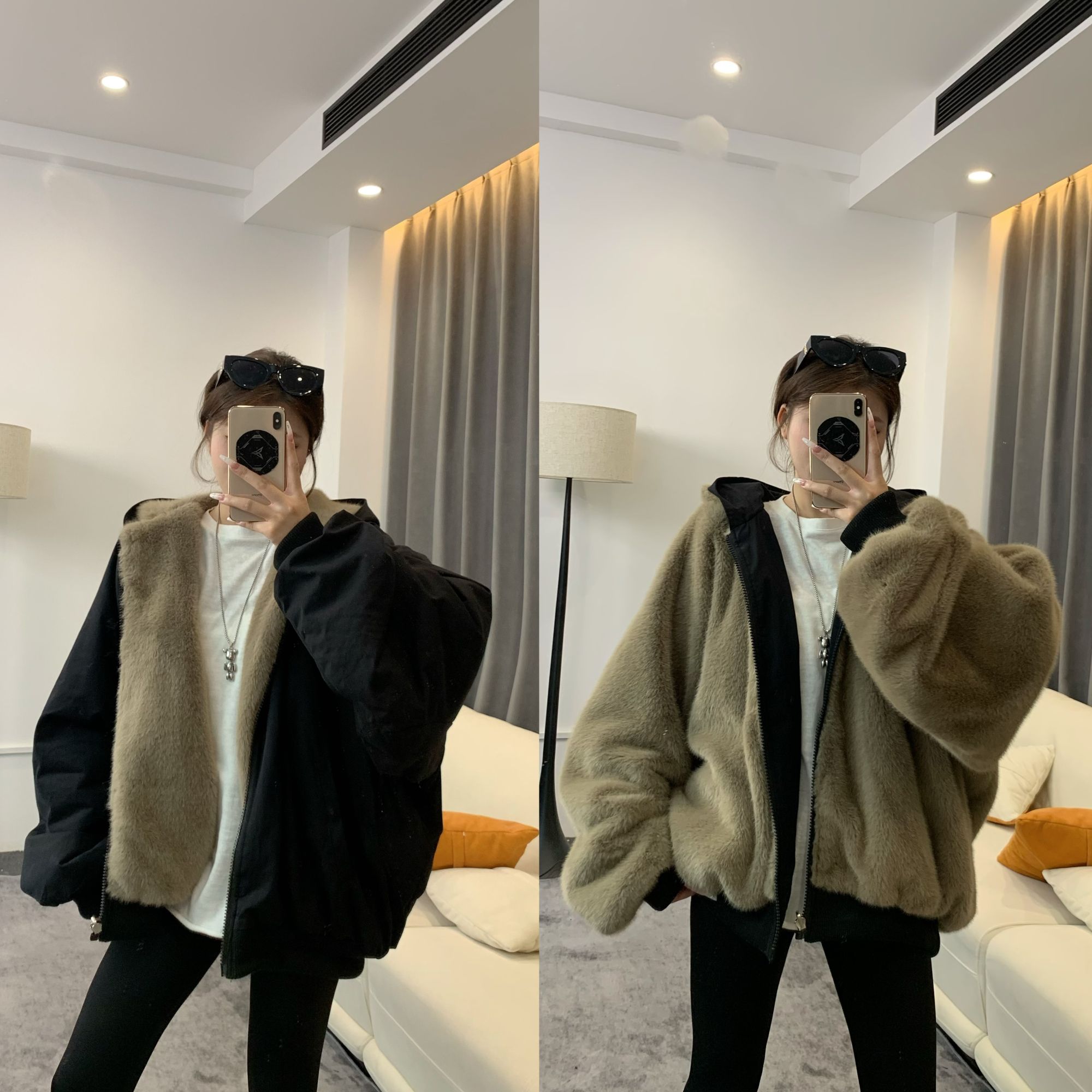 美式两面穿加绒加厚宽松夹克百搭连帽防风保暖外套0362