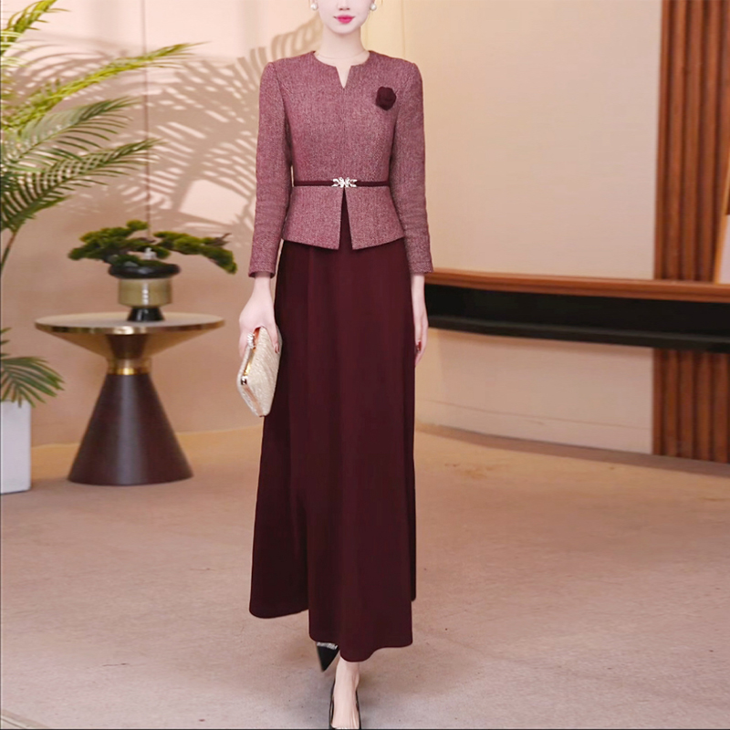 冬季羊毛假两件酒红撞色修身显瘦大摆连衣裙长裙优雅气质1978