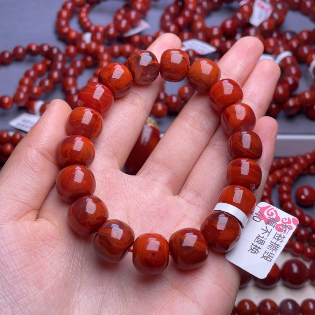 吉***意南红玛瑙未镶嵌其他13mm精品瓦西玫红火焰纹老型手串