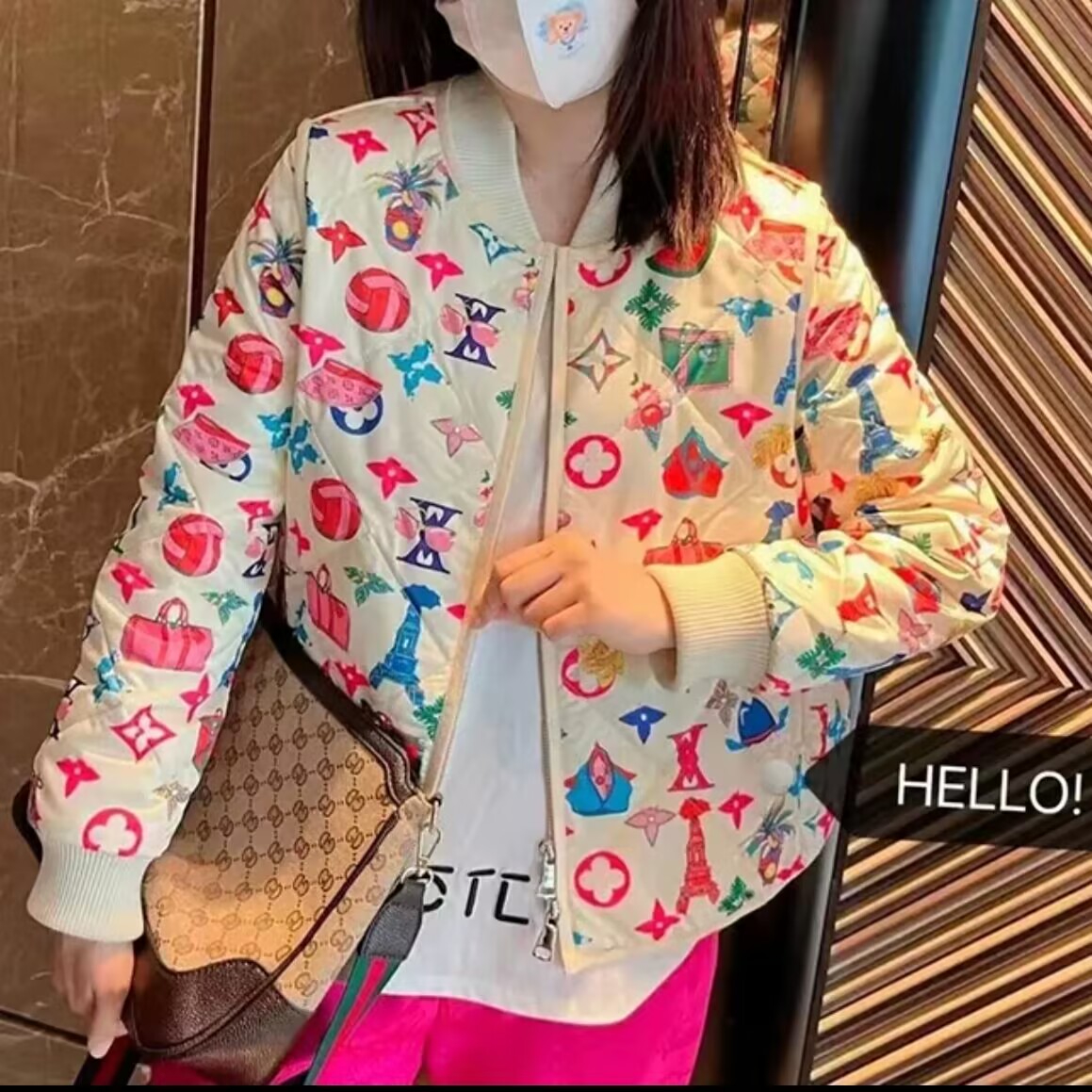 【米白印花】韩版时尚棉服女秋冬新款洋气菱格棒球服小个子百搭外套