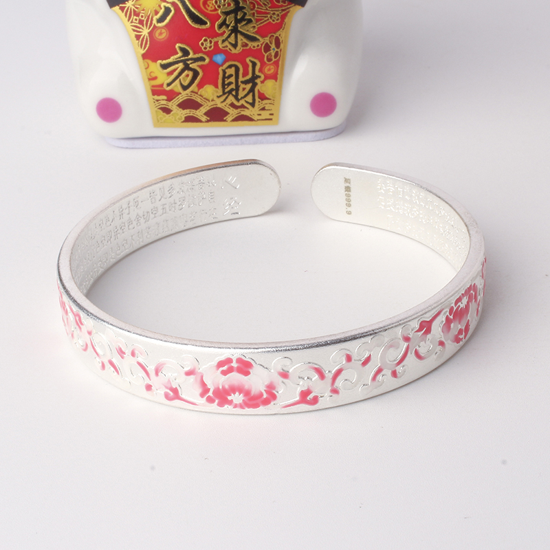足银手镯 101号链接【开口珐琅牡丹】足银999.9 发货带证书带礼盒