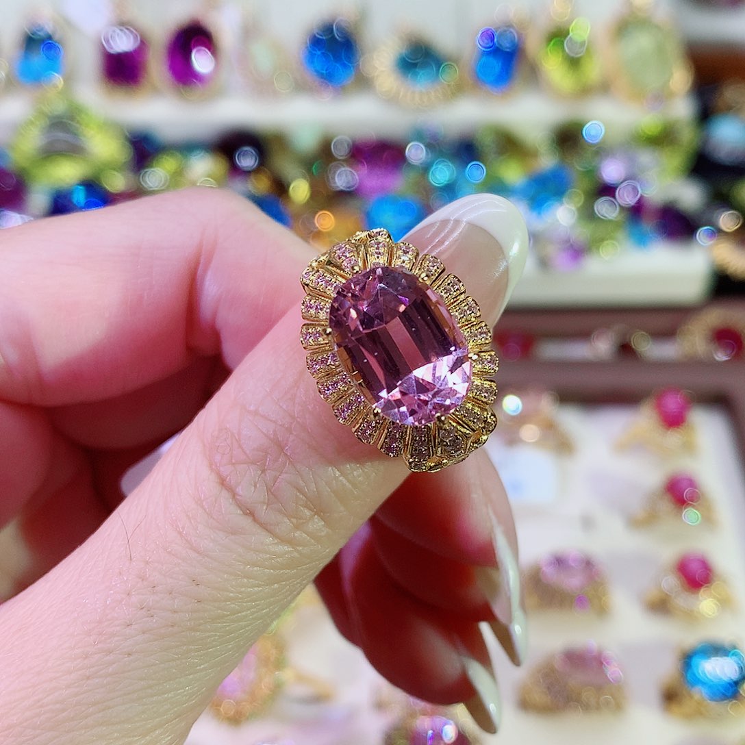 戒指锂辉石银S925镀金镶嵌