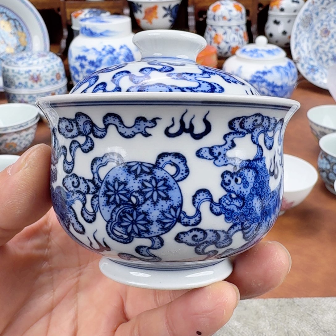 陶摆件福利青花瓷器盖碗