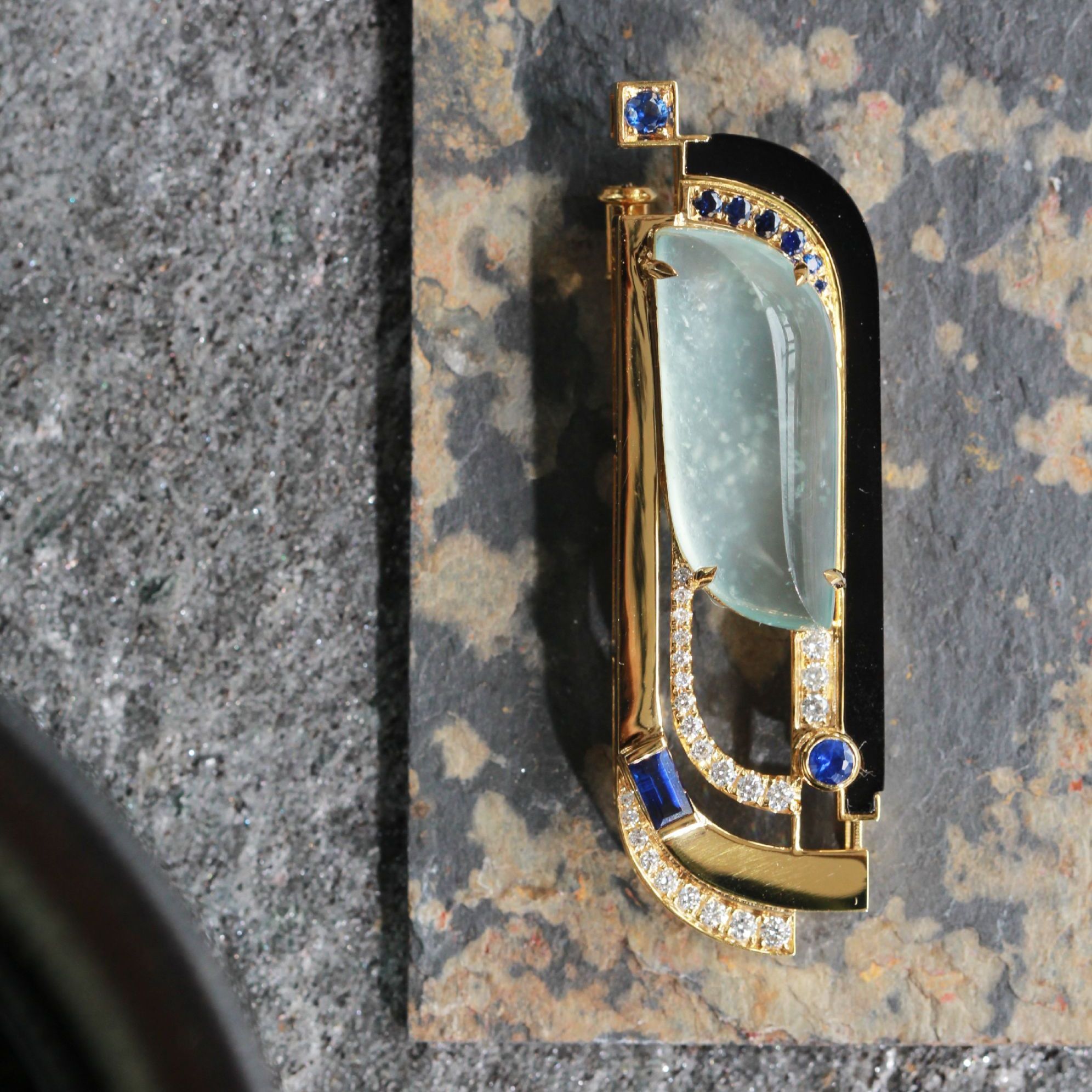 山肆artdeco 高冰莫西沙翡翠18k金钻石胸针 吊坠 两用
