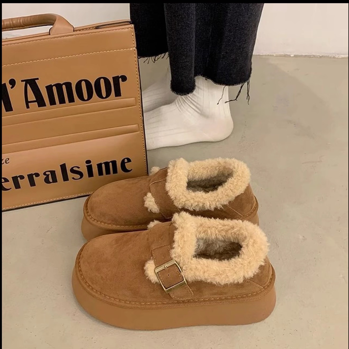 即将开抢--厚底加绒乐福鞋女款保暖雪地靴新款冬季一脚蹬乐福棉鞋