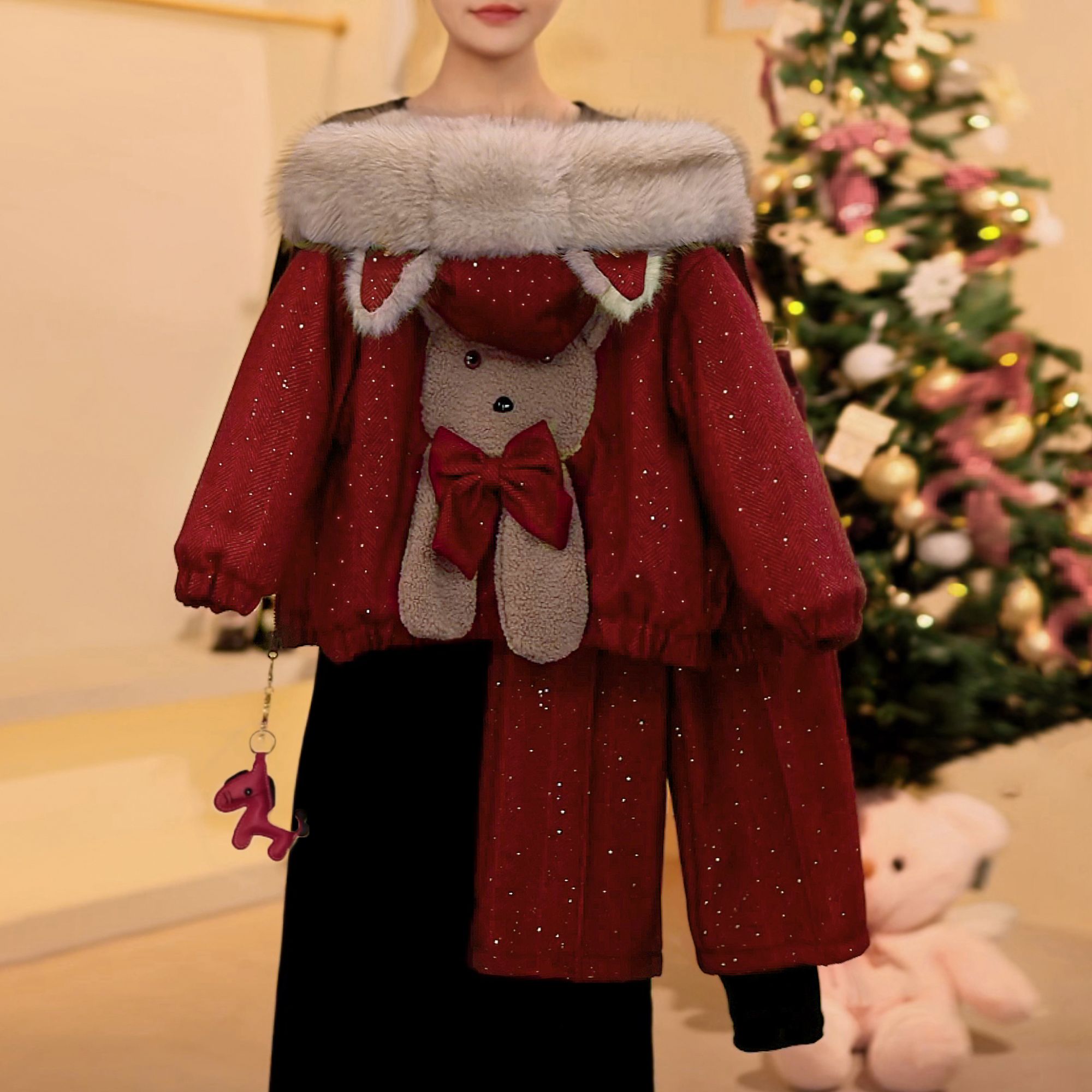 2025冬季圣诞年货款大毛领加绒加厚可爱毛毛女童外套5530002159