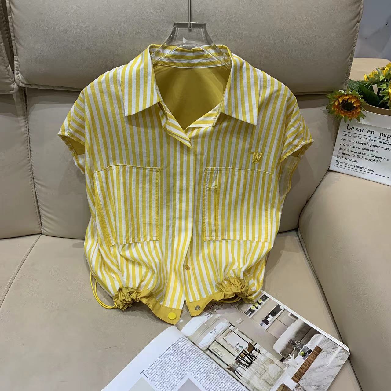 Z.X 刺绣标撞色条纹拼接小飞袖衬衫 5695（C3↑）