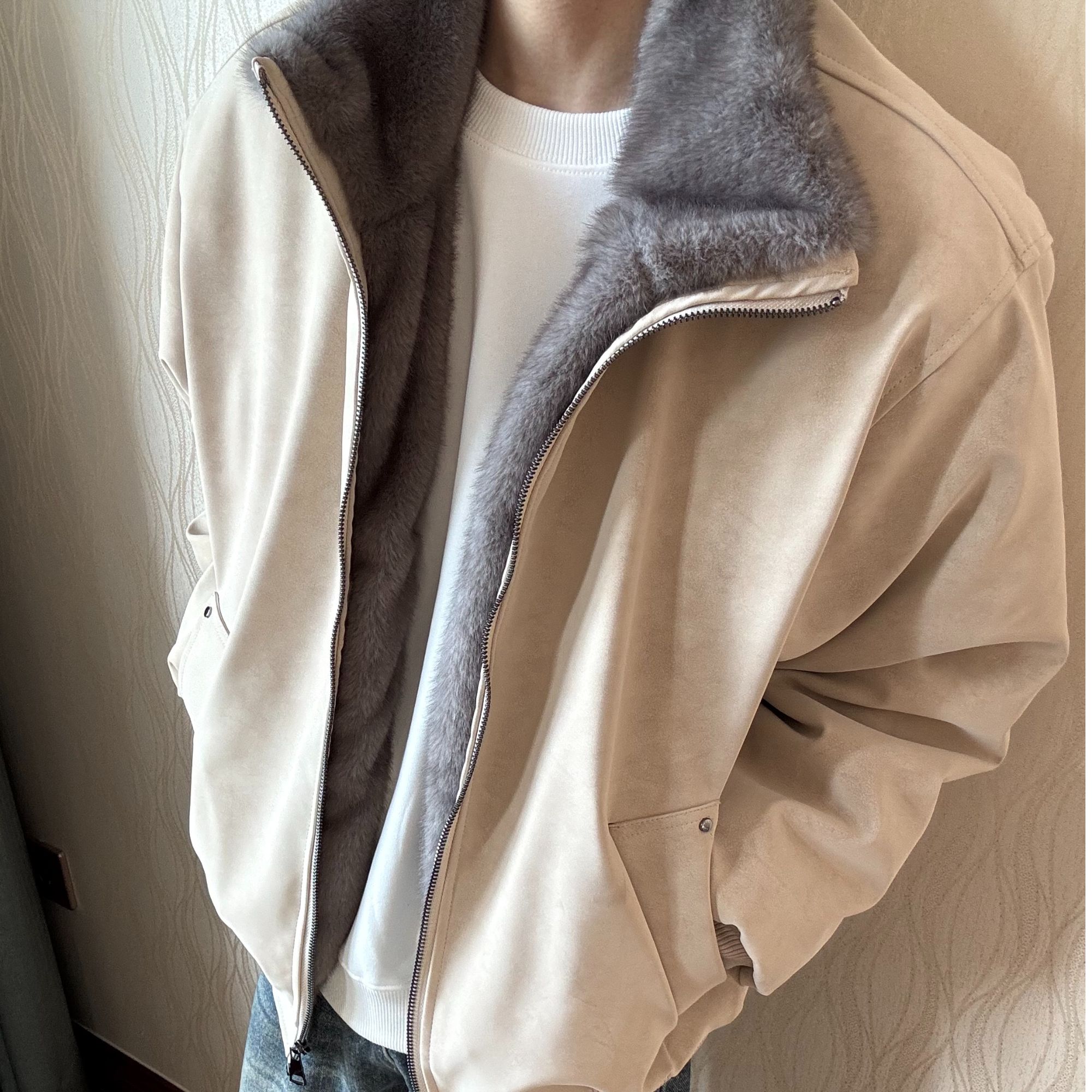 cleanfit双色貂毛重磅美式复古座山保暖加厚外套加绒皮棉衣座山雕