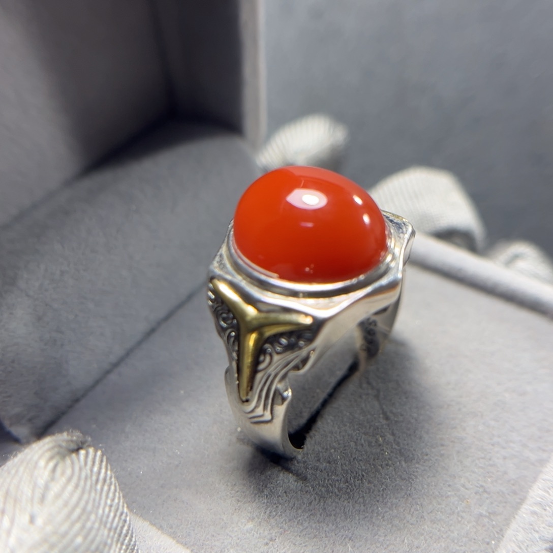 南红玛瑙戒指银S925镶嵌