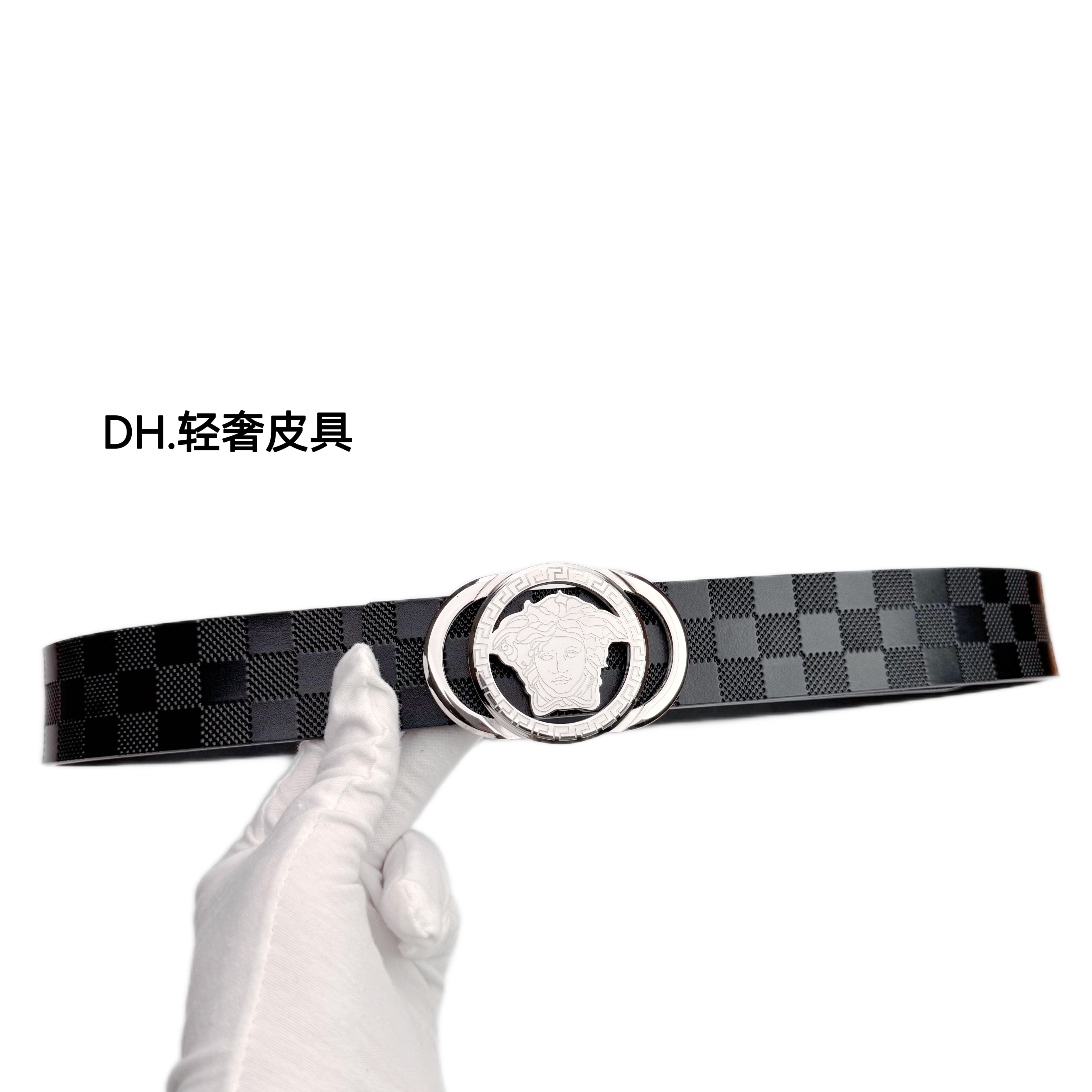 （整套装）格子纹牛皮3.8宽男士真皮腰带，休闲商务百搭（礼盒装）