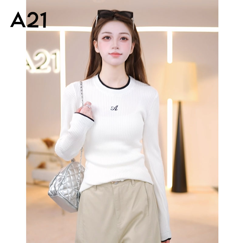 A21女装气质撞色针织衫女内搭高级感圆领打底修身毛衣F441243005