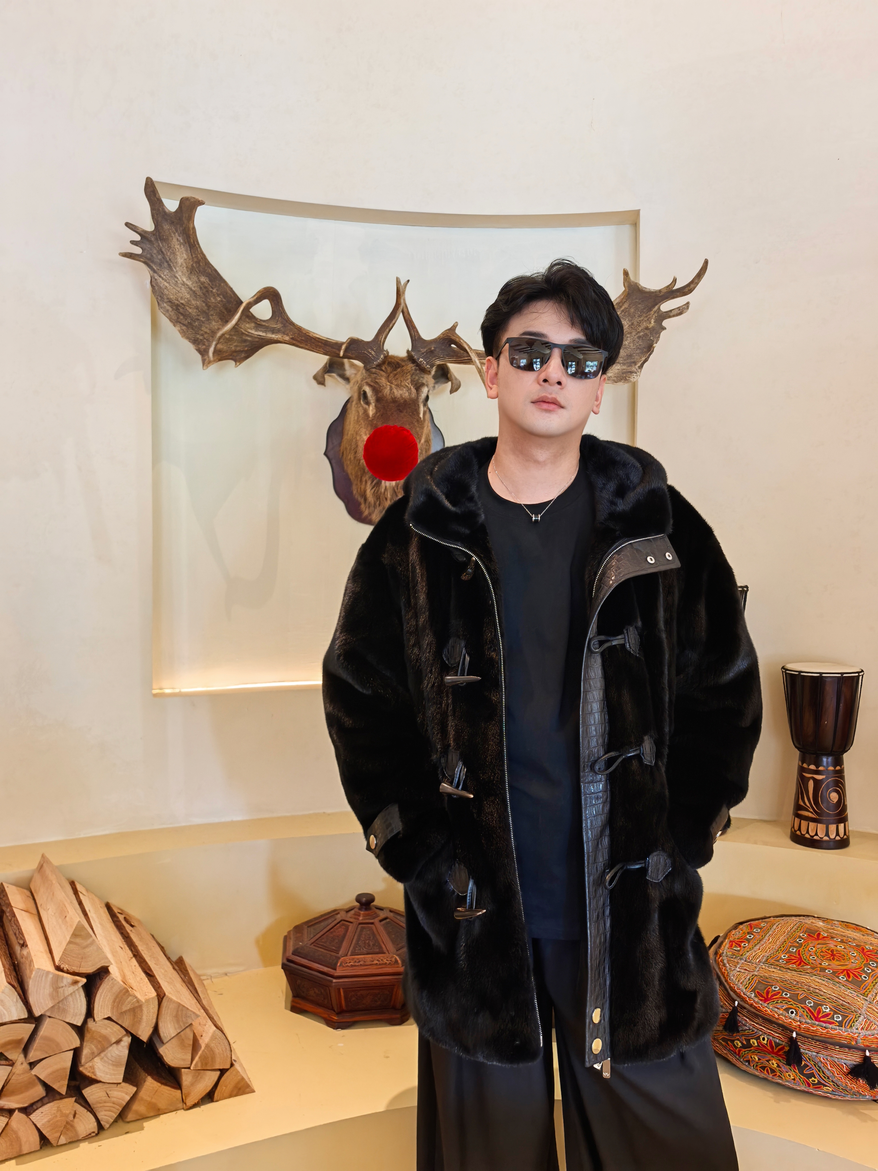 罗漫迪 男装水貂紫金短二 中长款带帽时尚休闲黑色潮流保暖轻奢