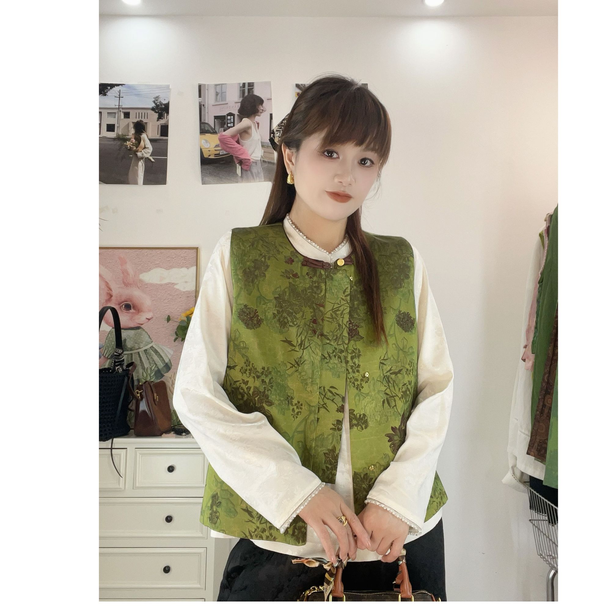 【诗画】秋季奢华风提花圆领马夹港风极简风复古新中式
