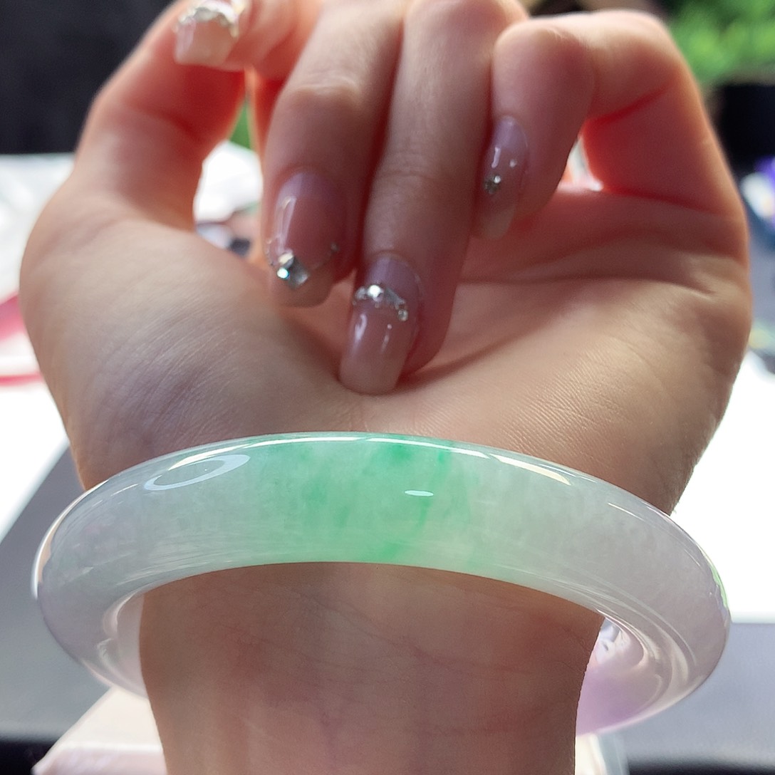 翡翠手镯未镶嵌天然翡翠55-56胖圆春彩大富大贵