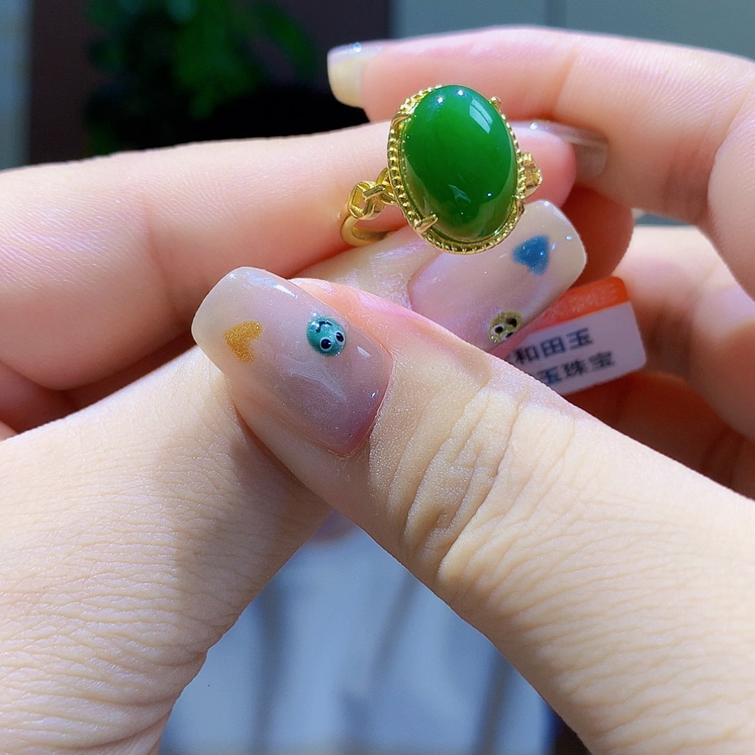 和田玉（碧玉）戒指银S925镀金镶嵌