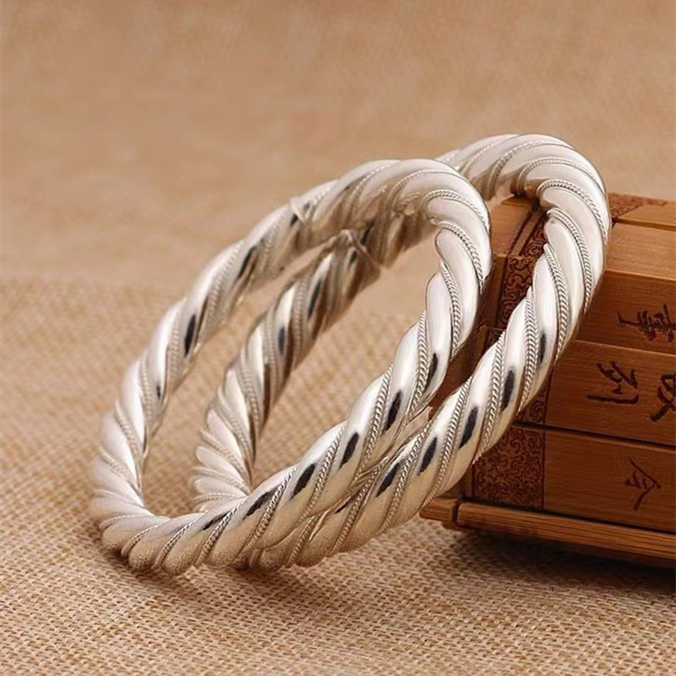 999.9银麻花纽带绞丝开口镯