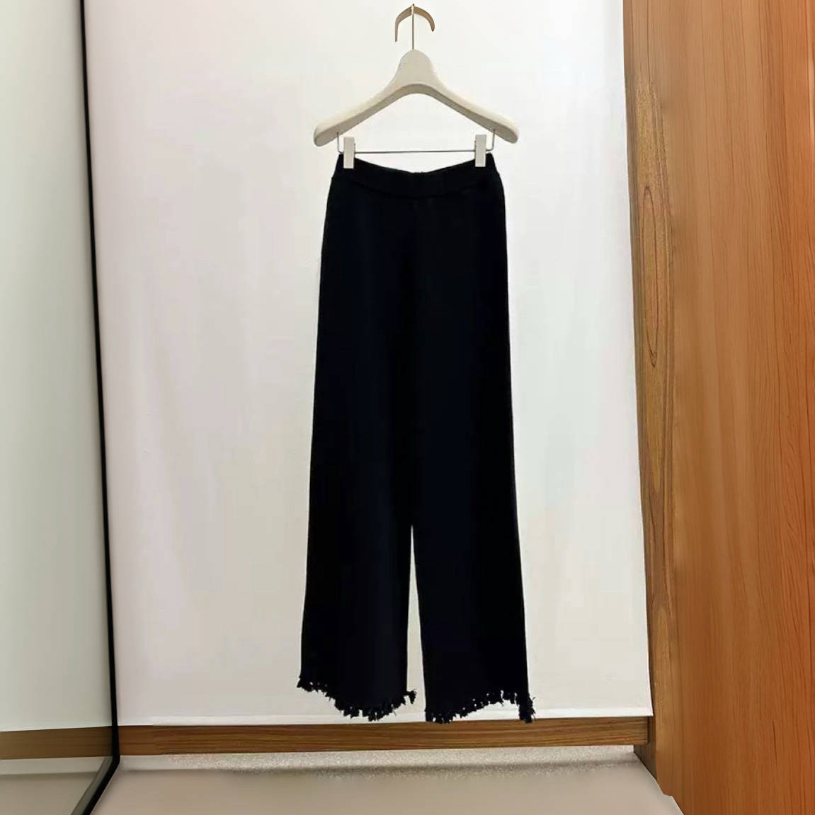 针织微喇叭裤女春秋黑色高腰显瘦小个子秋冬季毛线边休闲长裤