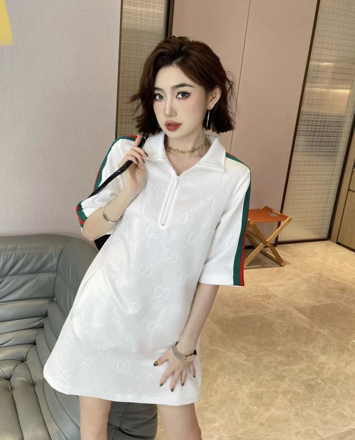 99新 GUCCI/古驰 bb2331 聚酯纤维 白色老花满印短袖连衣裙 M码