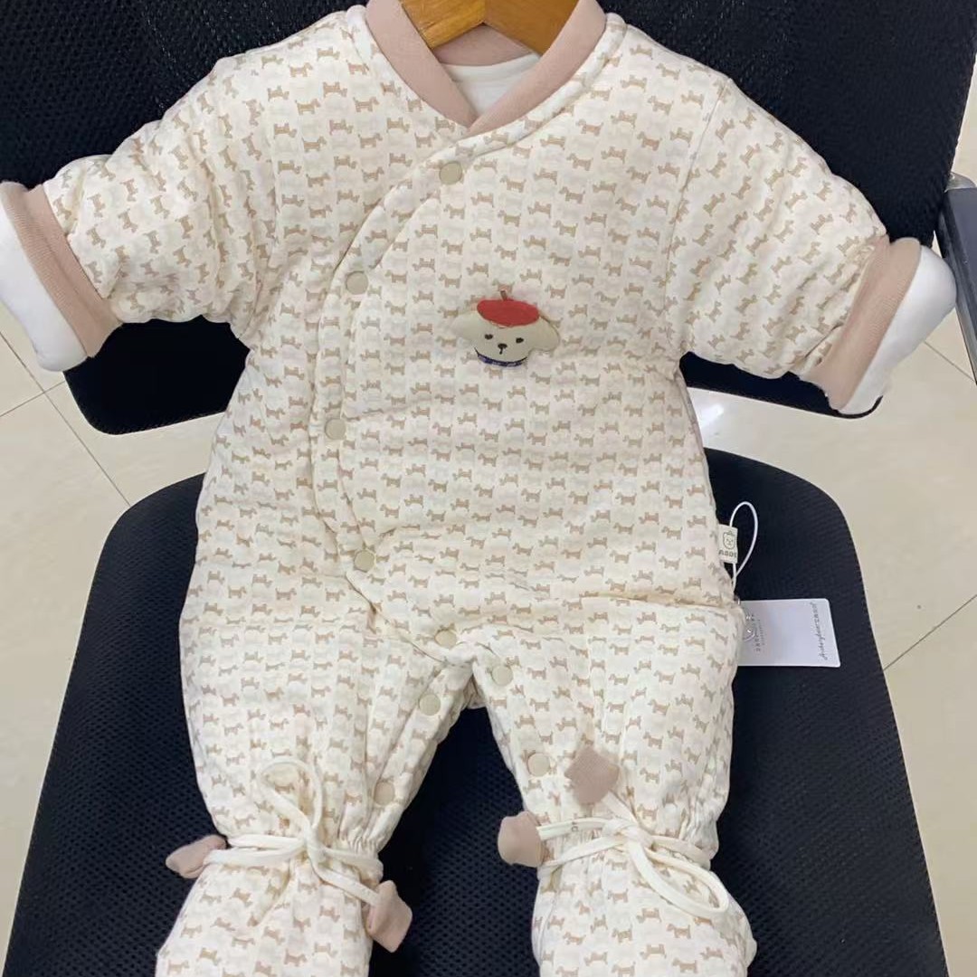 新款冬季450克水洗棉花婴儿闭裆包脚连体衣加厚保暖外出爬服哈衣