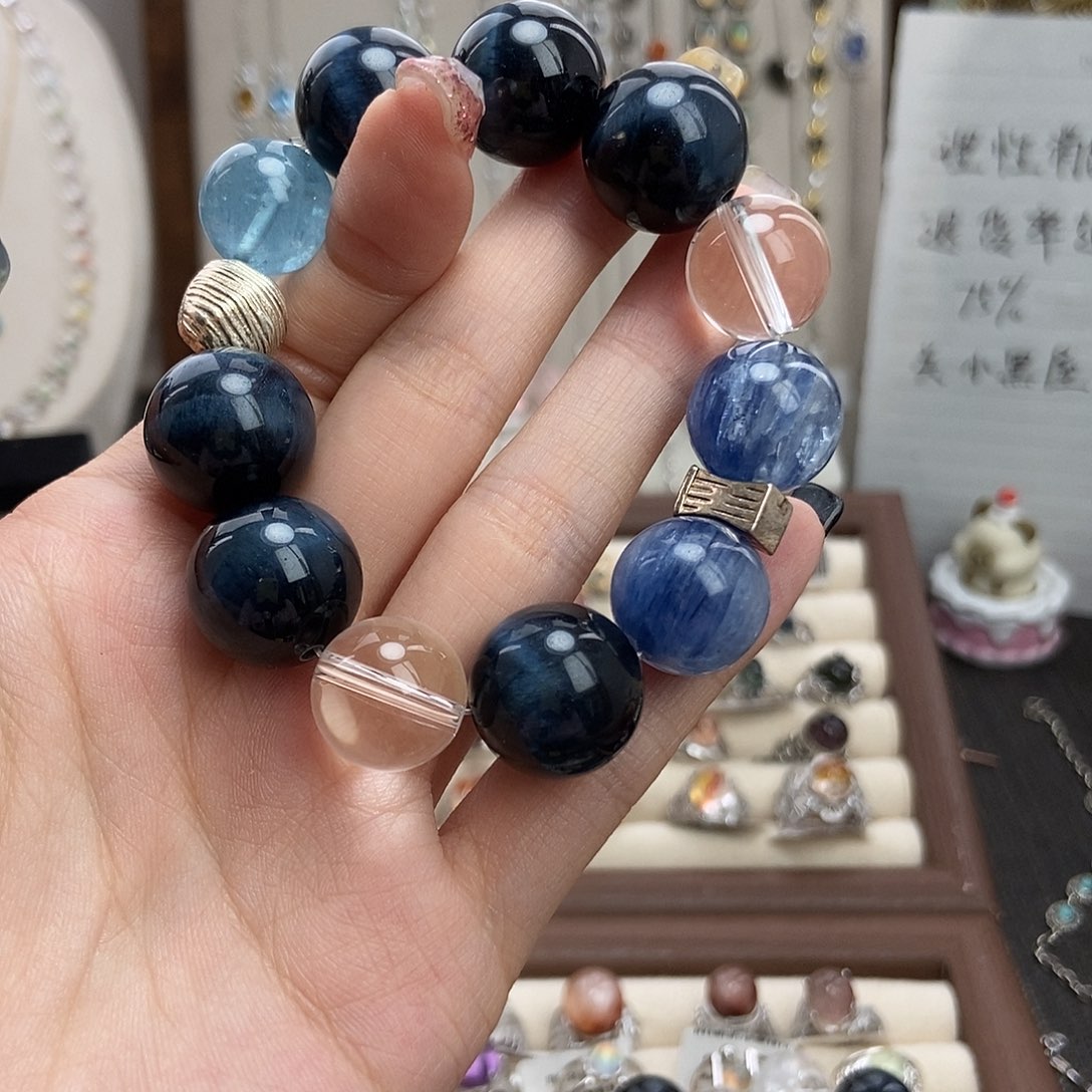 水晶戒指银S925镶嵌晚**女蓝晶石手串