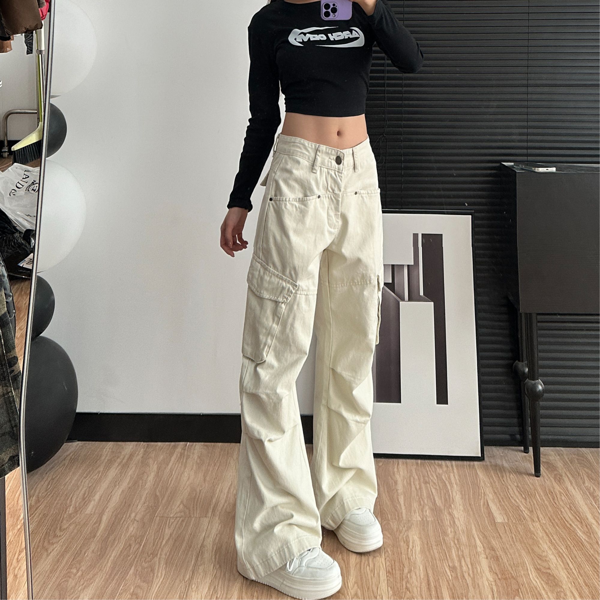 2025新款高个子169高腰直筒休闲裤显瘦褶皱多口袋拖地工装7003