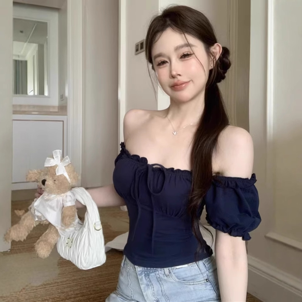 美式一字肩别致短袖t恤女夏季新款修身短款辣妹泡泡袖独特小上衣