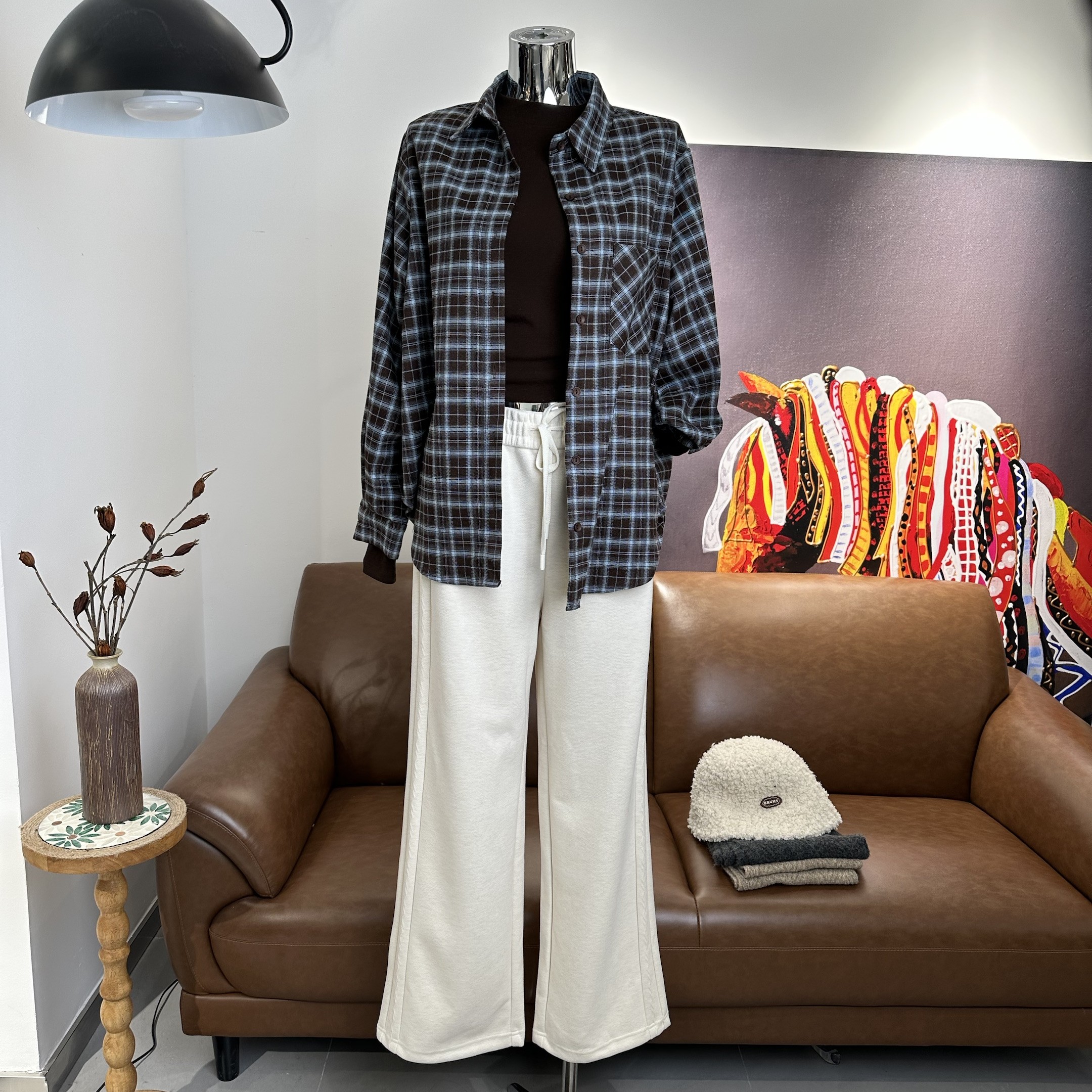 休闲百搭格子翻领长袖衬衫秋冬季女士通勤开衫