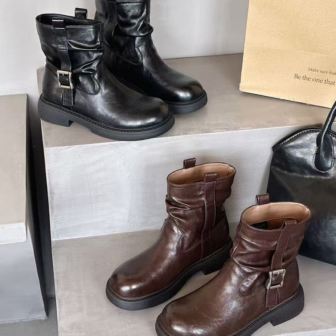 冬季新款复古百搭加绒短靴圆头女靴88593