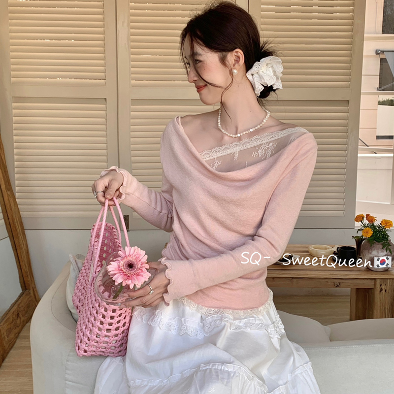 韩系秋季新款气质蕾丝花边假两件不规则领设计感长袖打底针织衫女