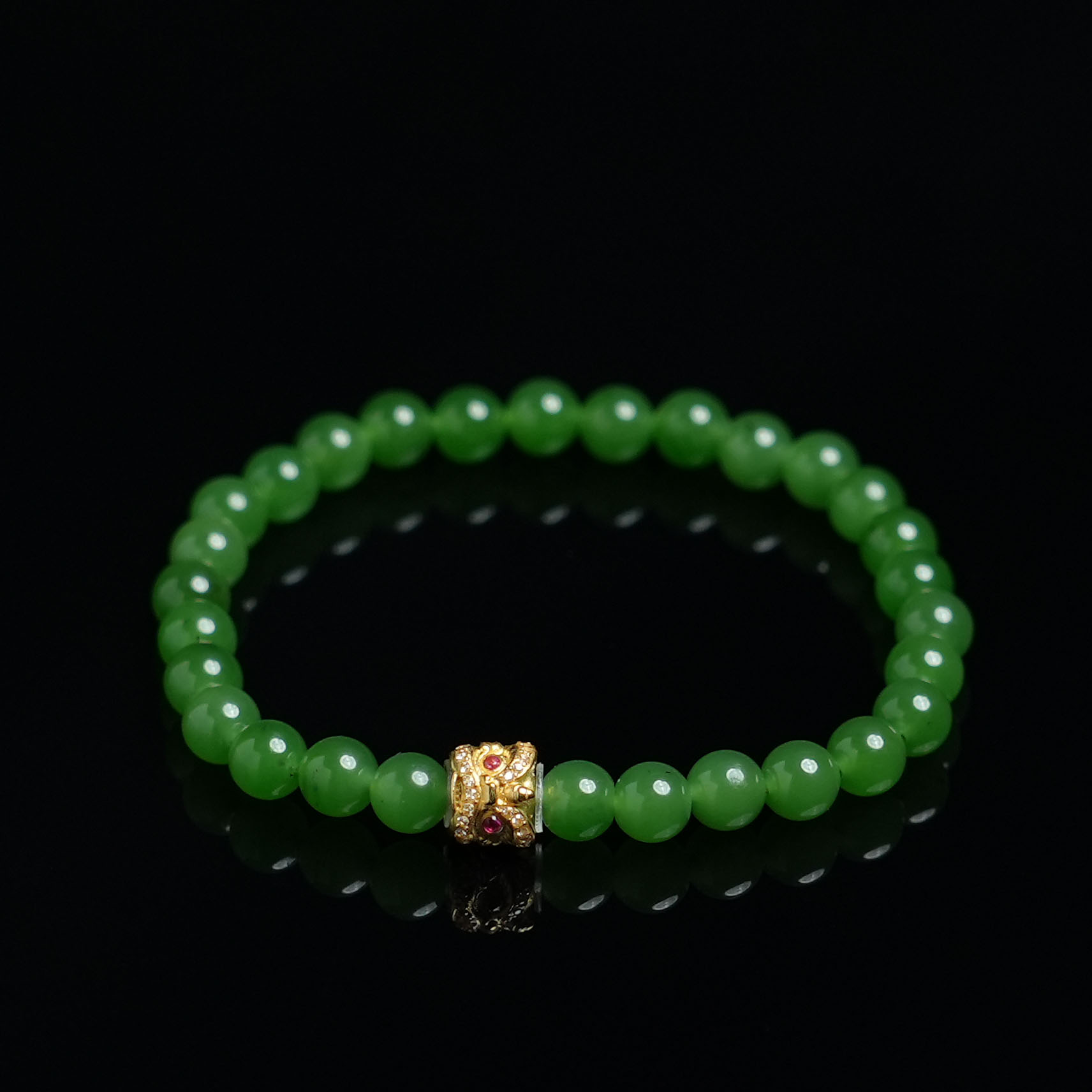 V姐|稀缺|和田玉高色苹果绿醒狮手串 5.5mm-18k金-HL93023