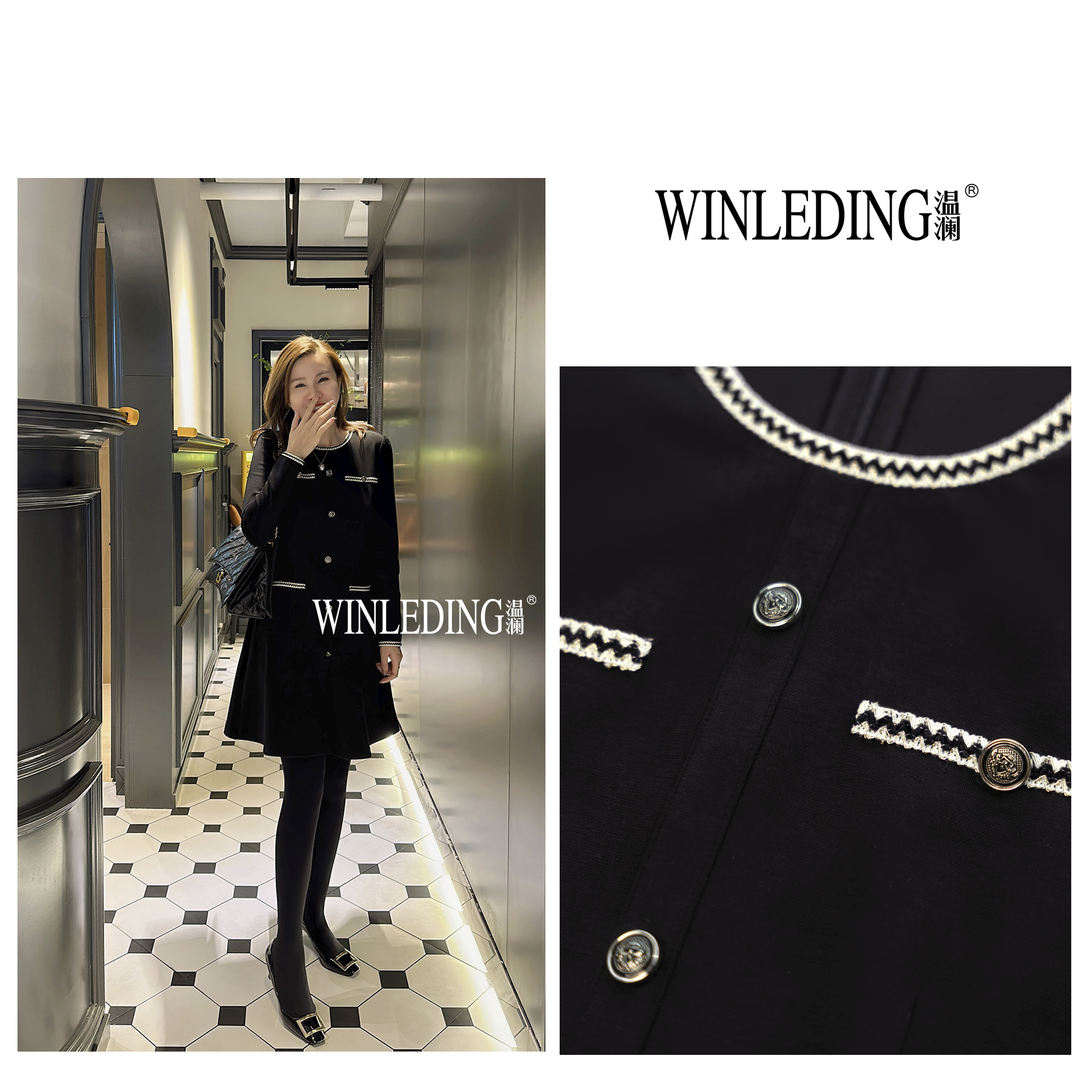 温澜服饰·雅“四面弹”波浪纹排扣女爆款2025新款秋冬连衣裙子31020