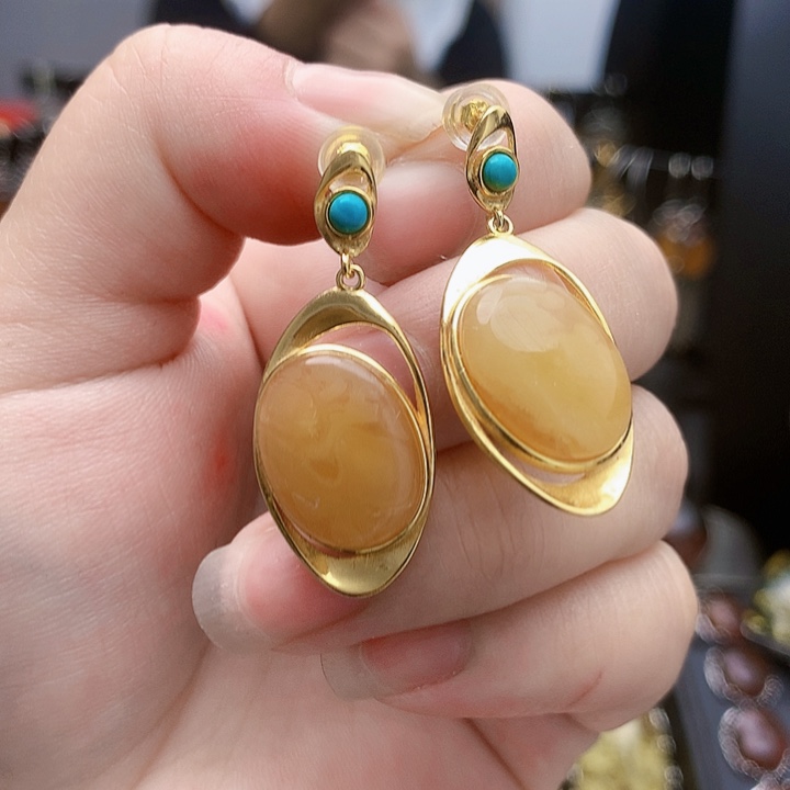 琥珀裸石银S925镶嵌耳坠