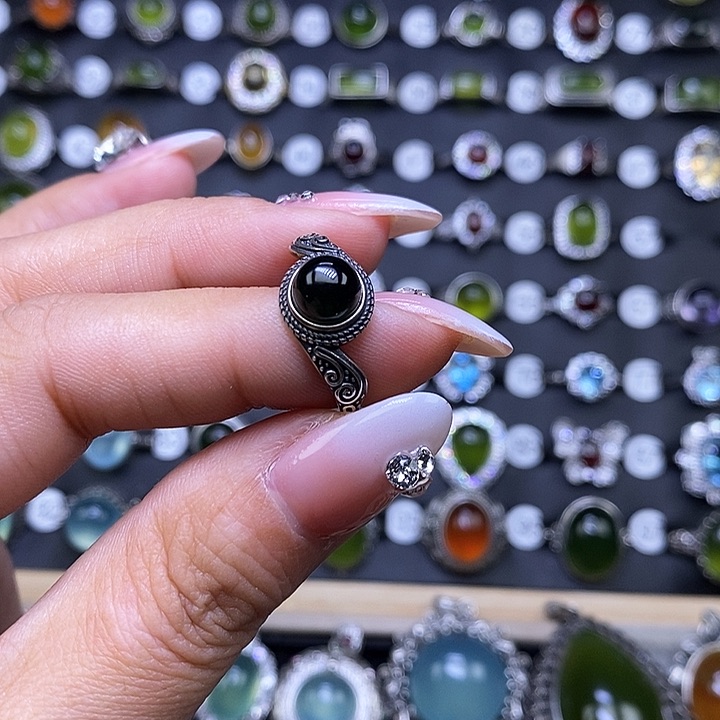 岫玉戒指银S925镶嵌灿*