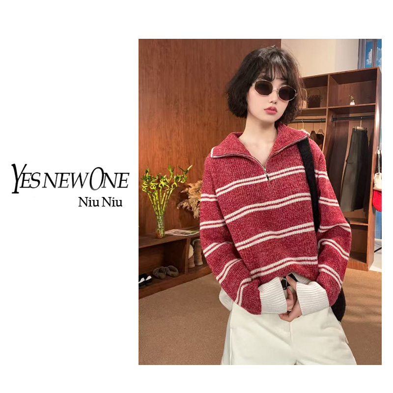 【矿野之纹】100羊毛秋冬韩系撞色条纹半拉链polo翻领针织衫104011