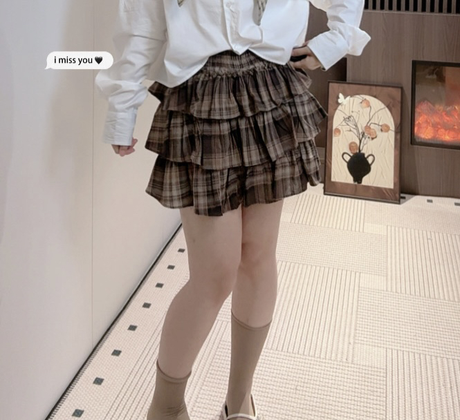 大观欧货秋季新款复古格子蛋糕裙女松紧腰显瘦短裙百搭学院风时尚